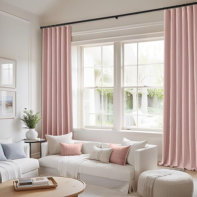 MIULEE 100% Blackout Curtains 120 Inch Long 2 Panels for Bedroom, Thick Luxury Faux Linen Black Out Curtain Room Darkening Back Tab Pleat Window Textured Drapes with Hooks for Living Room, Baby Pink