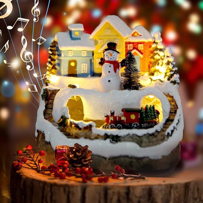 Christmas Decorations Village House Resin Collectible Building Figurines Revolving Train Musical Snow Globe 8 Music for Vintage Christmas Decor (Snow Man)