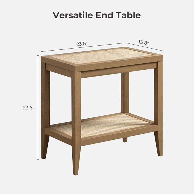 SICOTAS Rattan Nightstands Set of 2 Bedside Table - Boho Narrow End Table Living Room Set of 2 Side Table with Rattan Storage Shelves for Small Space