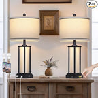 27in Tall Farmhouse Table Lamp Set of 2 with USB C+A & Outlet,Black Industrial End Table Lamp for Living Room,Vintage Rustic Bedside Lamps with Night Light for Bedroom Nightstand,Black