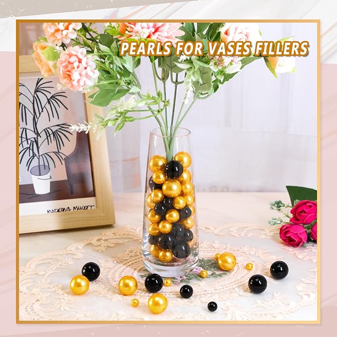 300Pcs Vase Filler Black and Golden Yellow No Hole Faux Pearl Beads for Vase Filling Decorations, Candle Centerpieces, Wedding Centerpieces, Home Party Decor (8/14/20mm)
