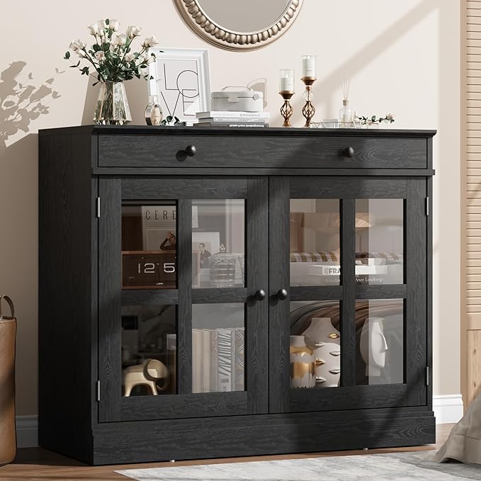 GarveeHome 35.4 in Sideboard Buffet Cabinets with Glass Door, Buffet Cabinet with Storage, Black Sideboard Cabinet with Drawer, Modern Buffets & Sideboards for Dining Room, Kitchen