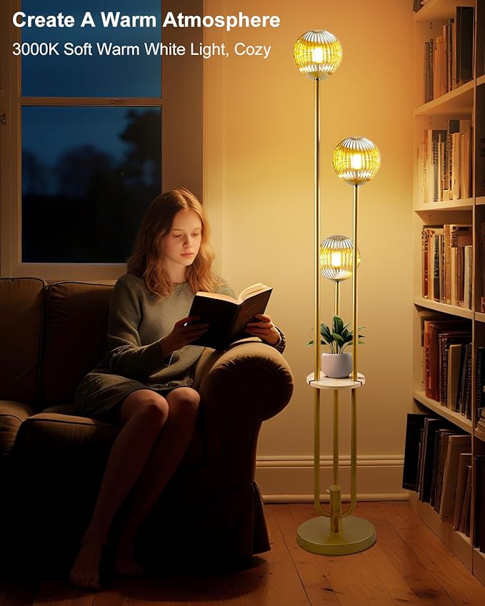 Lightdot Glass Floor Lamp with Shelf, 63IN Dimmable Mid Century Modern Gold Standing Lamps with 3 3000K Soft Warm White Bulbs Included, Globe Floor Lamp for Living Room/Wedding/Office