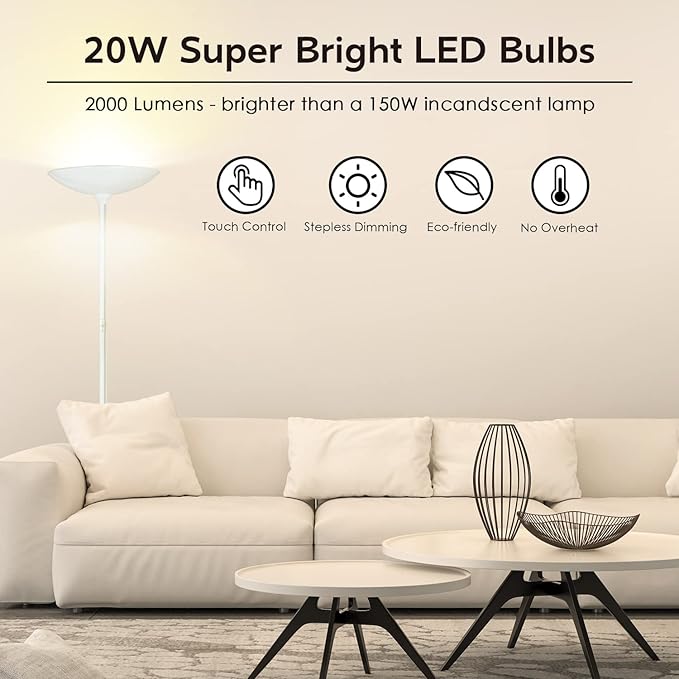 Floor Lamp, 70.5 InchTorchiere Standing Lamp, 20W 2000LM LED Halogen Floor Lamp,Stepless Dimmable, Touch Control, 50000hrs Lifespan, Pale Floor Lamps for Living Room, Standing Lamps for Bedroom, White