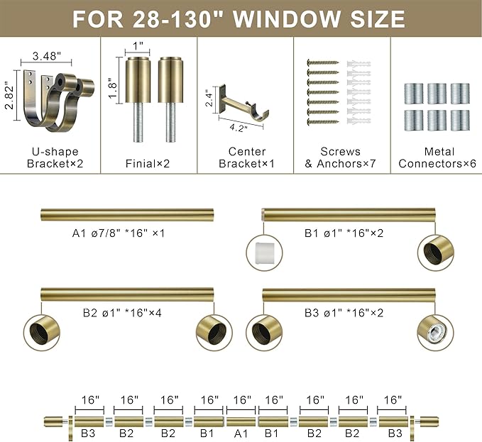 Curtain Rods for 28-130” Windows, Splicing Construction, 1” Adjustable Drapery Rod with Aluminum Alloy Brackets and Finials for Window, Sliding Door, Patio, Living Room Decoration, Antique Bronze