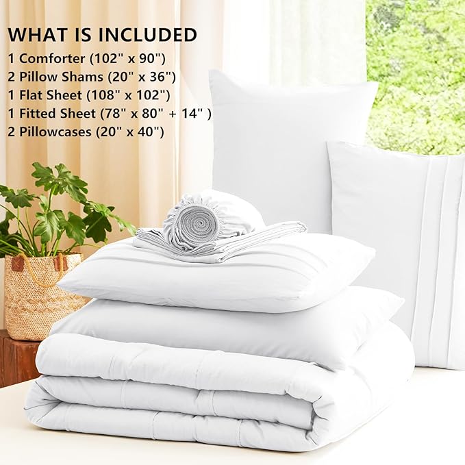 CozyLux King Size Comforter Set White, 7 Pieces Soft Pinch Pleat Bed in a Bag King Comforter Set with Sheets, Boho Bed Set with Down Alternative Comforter, Sheets, Pillowcases & Shams