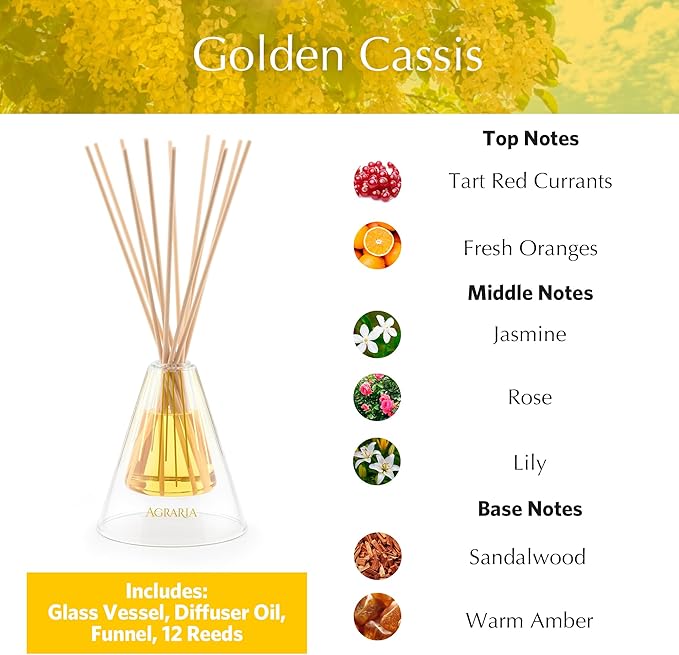 Agraria Golden Cassis Reed Diffuser Set, 12 Reeds Essential Oil Freshener Sticks, Room Diffusers for Home Fragrance, Scented Reed Oil Diffuser Gift