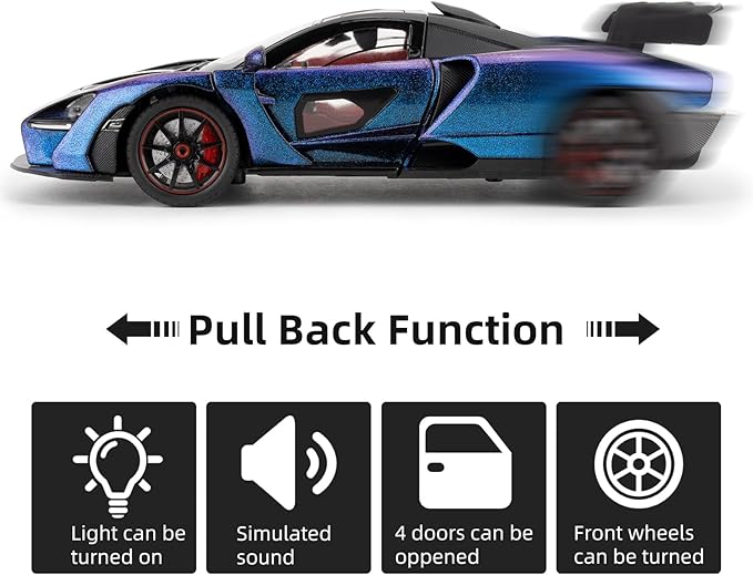 1:24 Scale Car Model Compatible for Collectible McLaren Senna Super Sports Car Toys, Zinc Alloy Pull Back Toy Vehicle with Sound and Light for Adult Boys Girls 3 4 5 6 7 8 (Blue)
