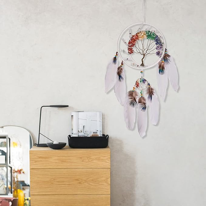 7 Chakras White Tree of Life Dream Catchers Wall Decor with Rainbow Healing Crystal Stone Handmade Art Feather Dreamcatcher Wall Hanging Ornament for Bedroom Decor Blessing Gift Wedding Party-23.6"