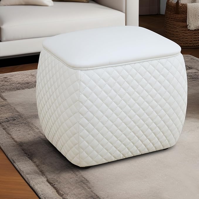 Ottoman Rectangular Storage Ottoman Bench, Faux Leather Footrest, Stool Footstool for Living Room, Bedroom, Entryway, White, 19.5"x15.5"x18"