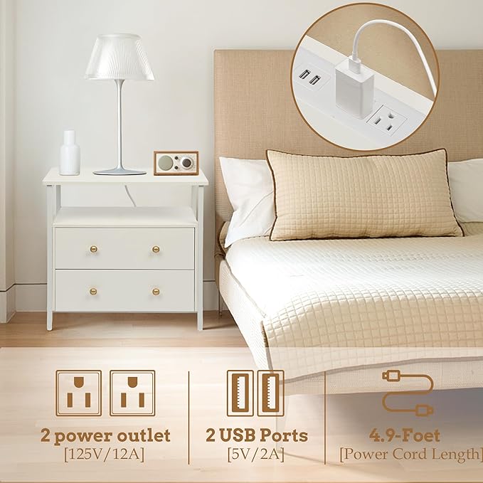 27 inch Wide Night Stand with Charging Station, Bedside Table with Open Shelf, 2 Drawers Small Wood Dresser, Modern Wood Nightstand for Bedroom/Living Room (White)