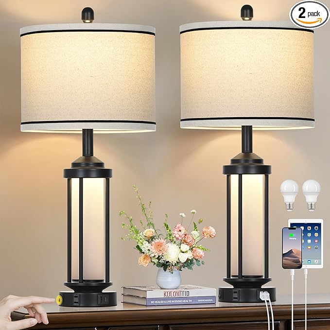 Table Lamps for Living Room Set of 2, Black Farmhouse Rustic Industrial Table Lamp with USB A+C Charging Ports & AC Outlet, 27" Modern Table Lamps with LED Night Light & Linen Fabric Lampshade