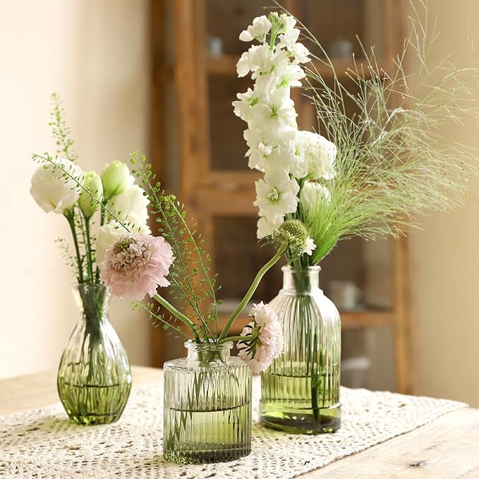 Green Bud Vases Set of 12, Green Glass Vase for Decor, Small Vases for Flowers Ribbed Flower Vase Stripe Bud Vases in Bulk Wedding Birthday Bridal Shower Centerpieces Home Table Decoration
