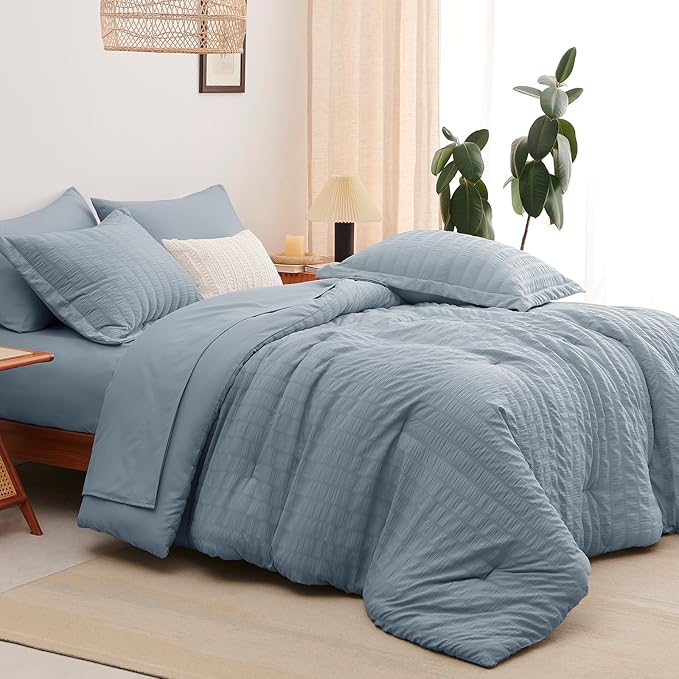 CozyLux Grayish Blue Queen Comforter Set Seersucker 7 Pieces Dusty Blue Bed in a Bag Queen Comforter Set with Sheets, Luxury Bedding Set with Down Alternative Comforter, Sheets, Pillowcases & Shams
