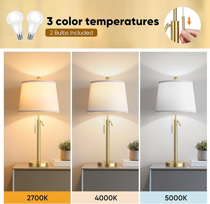 PARTPHONER Bedside Lamps Set of 2, Tall Table Lamps for Living Room, Height Adjustable Nightstand Lamps for Bedroom Office, Modern End Table Lamps with Pull Chain(LED Bulbs Included), Gold