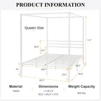 SHA CERLIN Metal Canopy Bed Frame Queen Size/Mattress Foundation with Metal Slats Support/No Box Spring Needed/Easy Assembly/White