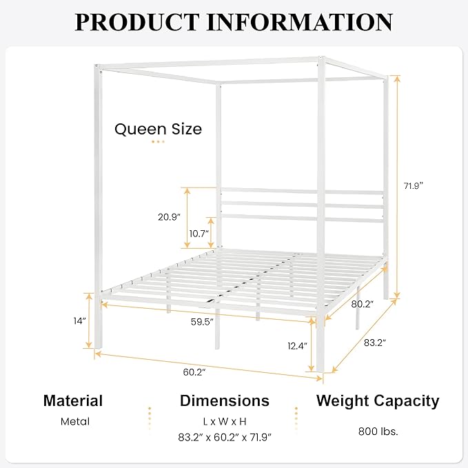 SHA CERLIN Metal Canopy Bed Frame Queen Size/Mattress Foundation with Metal Slats Support/No Box Spring Needed/Easy Assembly/White