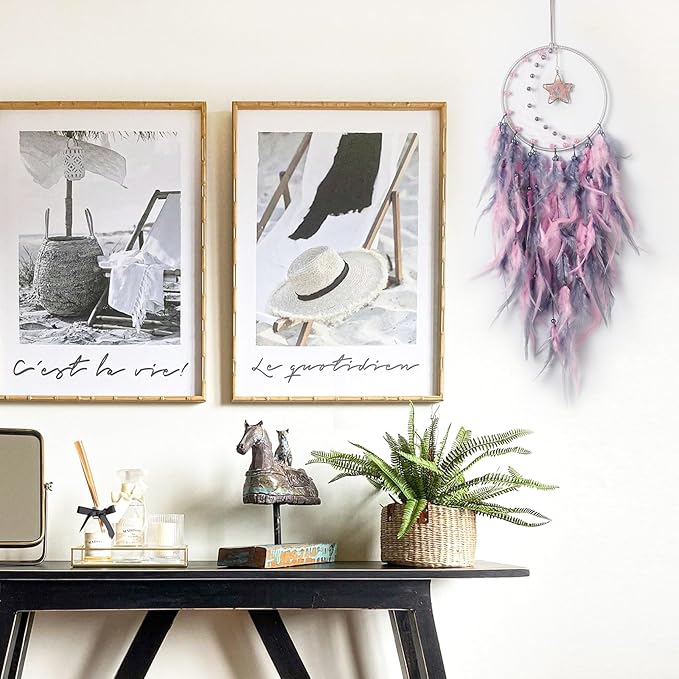 Dreamlike Moon Dream Catchers Wall Decor Crescent Dream Catcher with Crystal Stone Star Shaped Tree of Life Pendant Handmade Pink Feather Dreamcatchers Wall Hanging for Girls Bedroom Wedding Gift