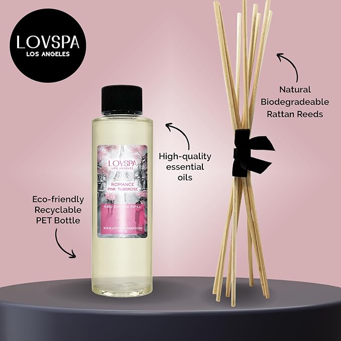 LOVSPA Romance Pink Tuberose Diffuser Oil - Luxury Essential Oils for Diffuser Refill & Air Freshener Room Spray - Long-Lasting & Natural Home Fragrance, Scented Oil for Diffusers, USA Made, 4oz