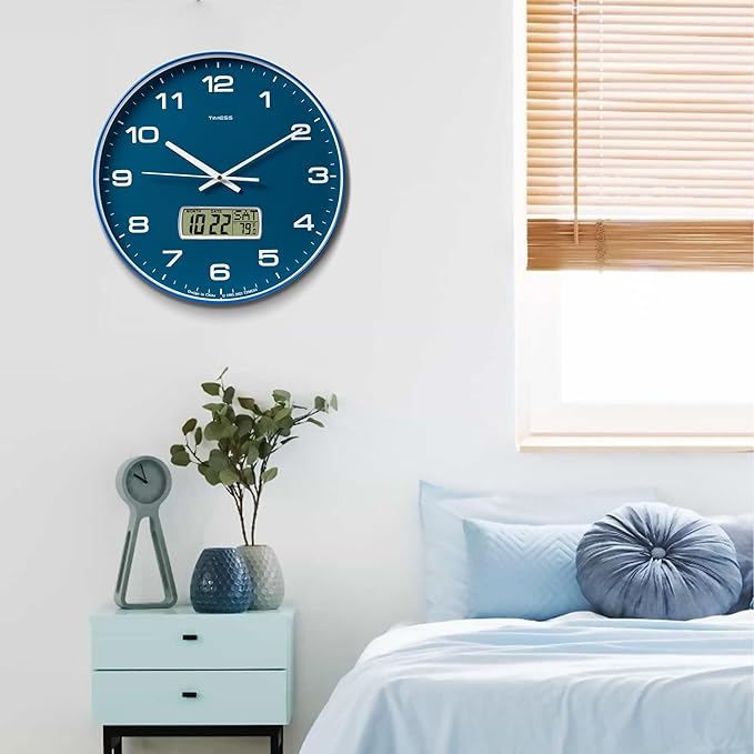 Wall Clock, 14" Large Dial Non-Ticking Silent Battery Operated Analog with LCD Display for Perpetual Calendar and F° Temperature, Ideal Modern Home, Bedroom, Kitchen, Office Decor (Blue)