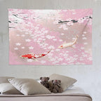 Houselerax Japanese Koi Fish Tapestry, Cherry Blossoms Asian Oriental Pink Flower Branch Koi Fish Carp Tapestries Wall Hanging for Bedroom Living Room Office Decor 90"x60"