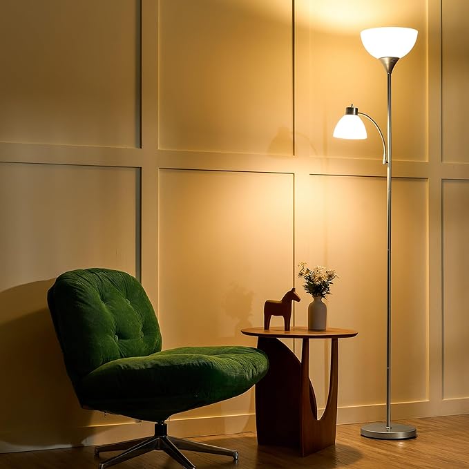 VONLUCE Torchiere Floor Lamp, 71" Standing Lamp with Adjustable Reading Lights & 2 Bulbs, 3 Color Temperatures Modern Tall Pole Lamp for Living Room Bedroom Corner, Nickel