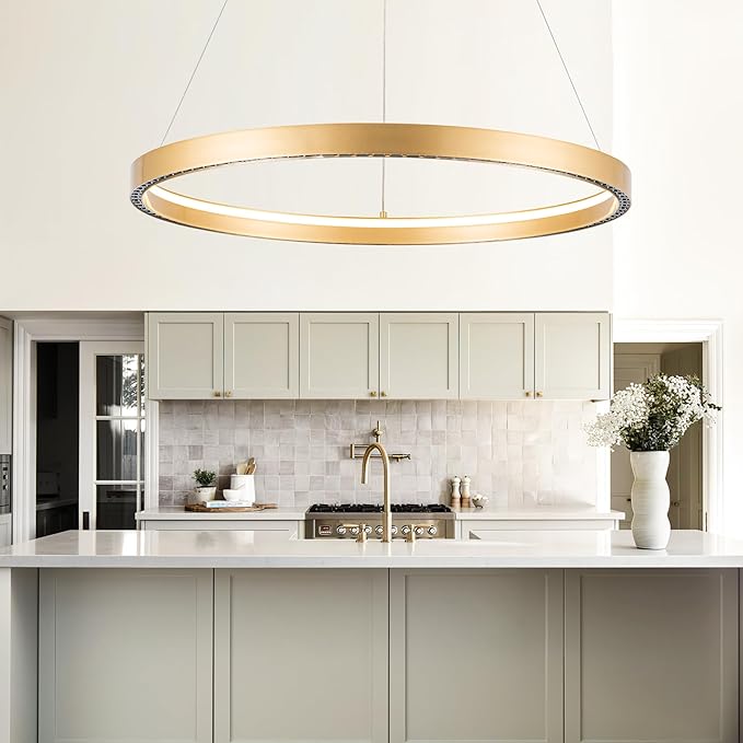 Modern Led Pendant Light Modern Led Chandelier, 1 Ring Circular Chandelier Dimmable Hanging Pendant Lighting for Living Room Dining Room Kitchen Island Foyer Office 23.6", 3000-6000K Gold