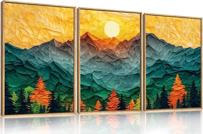 Celestdeco Abstract Mountain Framed Canvas Wall Art Set, Forest Pine Tree Golden Sunset Wall Decor, Mixed Patchwork Landscape Art Print for Living Room, Bedroom, Dining Room, Office - 24"x36"x3
