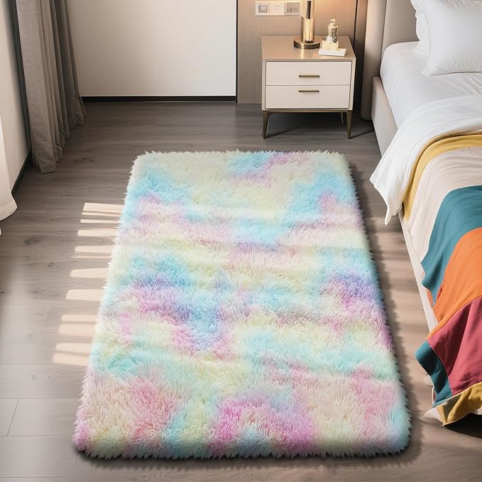 Shag Area Rug for Bedroom 3x5,Fluffy Area Rugs for Living Room,Soft Fuzzy Rug Non-Shedding Indoor Plush Carpet for Kids Bedroom Nursery Dorm Home Decor,Rainbow Purple
