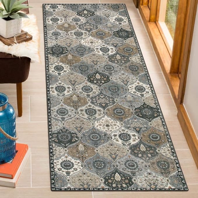 Lahome Moroccan Trellis Washable Runner Rug, 2x6 Runners for Hallways 6 Feet Non Slip Vintage Laundry Room Rug Vintage Ultra-Thin Long Carpet for Kitchen Bedroom, Grey
