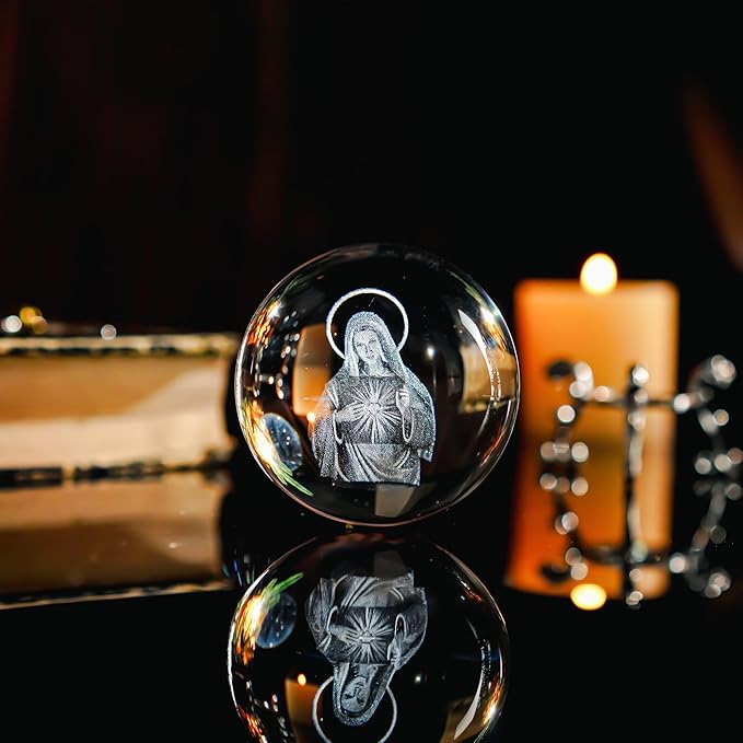 ZEERSHEE 3D The Virgin Mary Holding The Bible Crystal Ball with Stand Blessed Mother Statues Paperweight Christian Catholic Religious Gifts for Women Men