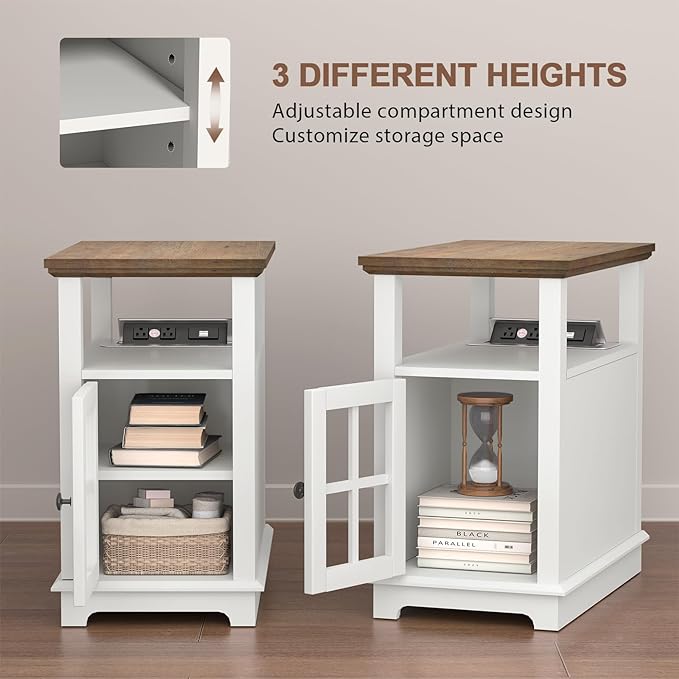 HIFYOBRO Narrow End Table with Flip Top Charging Station, Storage Side Table, Type-C & USB Port & Adjustable Shelf, White End Table Living Room & Bedroom Nightstand
