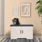 2-Tier Storage Bench, Shoe Bench with Padded Seat Cushion, Entryway Bench with 2 Barn Doors, Adjustable Shelf, 13.8" D x 27.6" W x 17.7" H, for Entryway, Living Room, Bedroom, White
