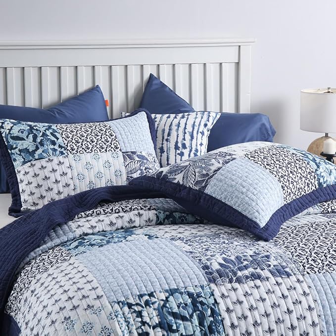 ENASAL Cotton Bedspread Quilt Sets Reversible Bedding Coverlet Sets Luxury Blue White Floral Real Patchwork Bedspread, Queen Size