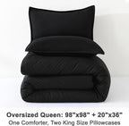 Litanika Comforters Black Oversized Queen Size, 3 Pieces Lightweight Solid Bedding Comforter Set, All Season Fluffy Bed Set (98x98In Comforter & 2 Pillowcases)