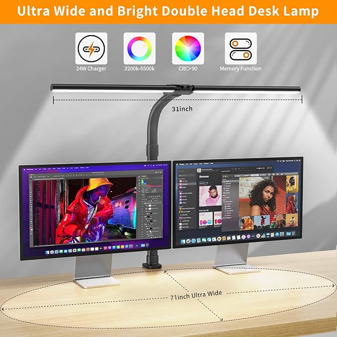 LED Desk Lamp for Home Office - 24W Bright Double Head Desk Light with Clamp Eye Caring Architect Task Light 25 Lighting Modes Adjustable Flexible Gooseneck Lamp