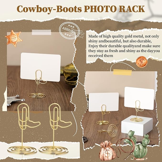 48 Pcs Gold Cowboy Boots Photo Holders Table Number Photo Clips Holder Cowboy Boots Decoration Name Place Card Stand for Centerpieces Wedding Reception, Party, Birthday