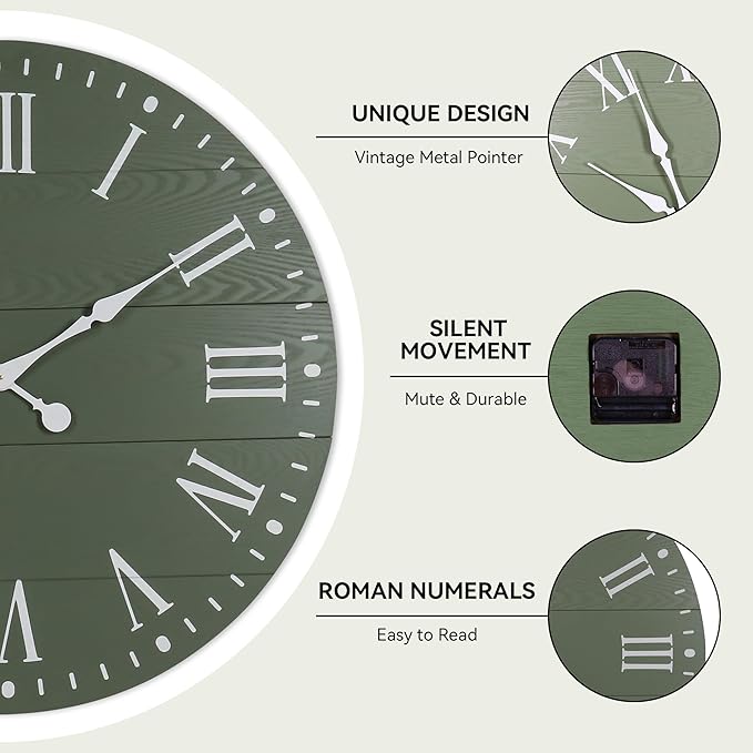 Large Wall Clock with Roman Numeral, 35” Shiplap Wall Clock Farmhouse Nearly Non-Ticking, Round Clock for Living Room Decor, Office, Bedroom, Entrance, Green