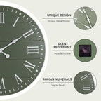 Large Wall Clock with Roman Numeral, 35” Shiplap Wall Clock Farmhouse Nearly Non-Ticking, Round Clock for Living Room Decor, Office, Bedroom, Entrance, Green