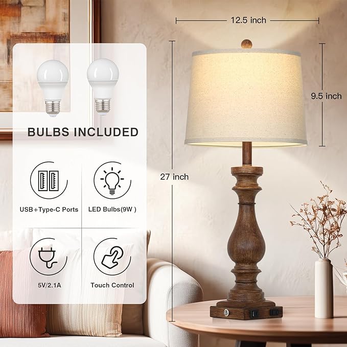 29" Tall Farmhouse Table Lamp for Living Room Set of 2,Vintage Retro Nightstand Lamps with USB C+A Ports & AC Outlet,3-Way Dimmable Touch Bedside Lamp for Bedroom Side Table,Brown