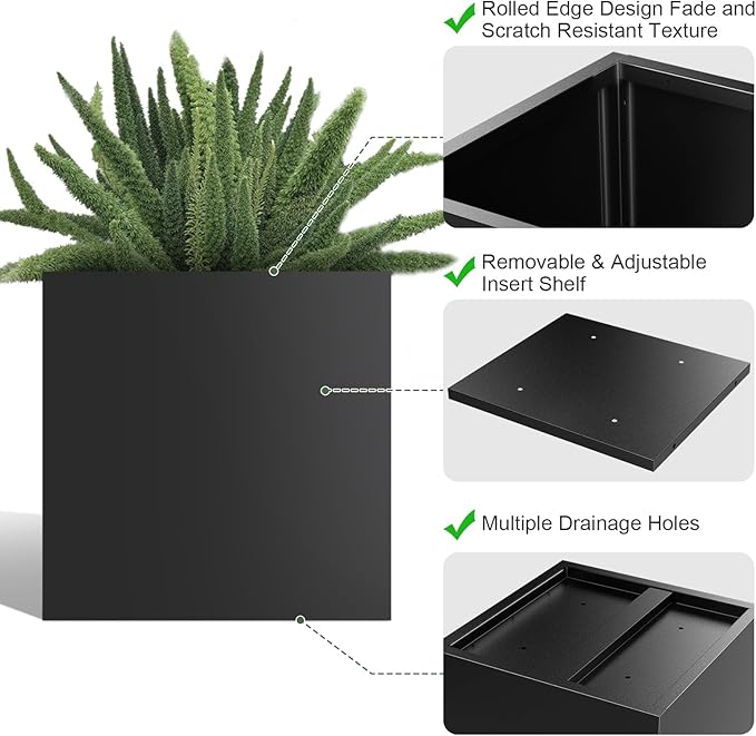 Tall Metal Cube Planter for Outdoor Plants 20" L x 20" W x 20" H, Heavy Duty Steel Rectangular Planter Box with Removable Insert Shelf, Modern Décor for Outside, Indoor, Garden (Black)