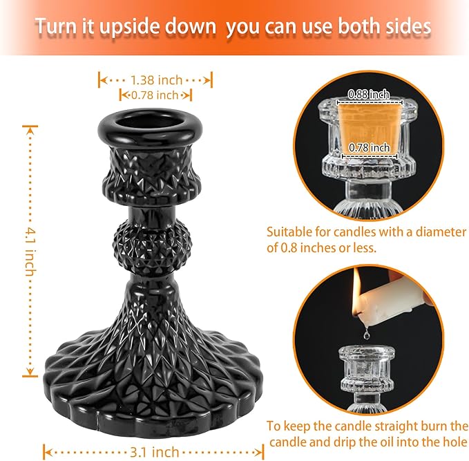 Glass Candlestick Holder,Striped Taper Candle Holders,Set of 6 Candle Stand for Table Centerpieces, Home Decor,Weddings,Festival and Parties (Black Diamond)