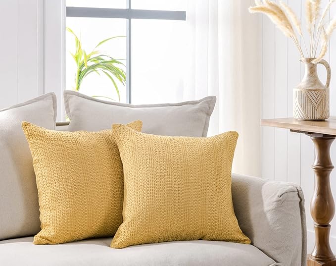 18x18 Throw Pillow Covers Set of 2 Boho Decorative Pillow Shams Stone Washed Cotton Pillowcase Waffle Square for Couch Sofa Chair Bed Car, Yellow