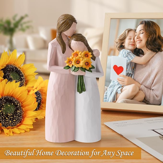 Sunflower Mother Daughter Figurine, Hand-Painted Resin Figure, Sentimental Gifts for Mom from Daughter, Perfect for Mother’s Day, Birthday, Thanksgiving, Christmas and Home Decoration, Pink