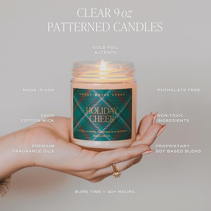 Sweet Water Decor Merry Christmas Scented Candles - Christmas Stocking Stuffers Soy Candles with Cypress & Lemon Scent - Christmas Candles with 40 Hours Burn Time - 9Oz Gold Lid Clear Jar Wax Candles