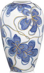 Blue and White Ceramic Vase for Home Decor – Hand-Painted Porcelain Flower Vase with Gold Accents – Chinoiserie-Inspired Home Decor Vases – 9" for Table, Shelf, or Mantel
