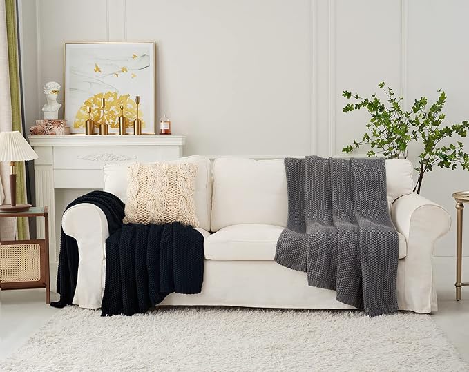 Longhui bedding Chunky Cable Knit Throw Blanket Lightweight Grey 100% Organic Cotton Blanket for Sofa Couch Bed Baby Nursery, Rustic Shabby Chic Modern Farmhouse, Gray 60” x 80” Give Laundering Bag