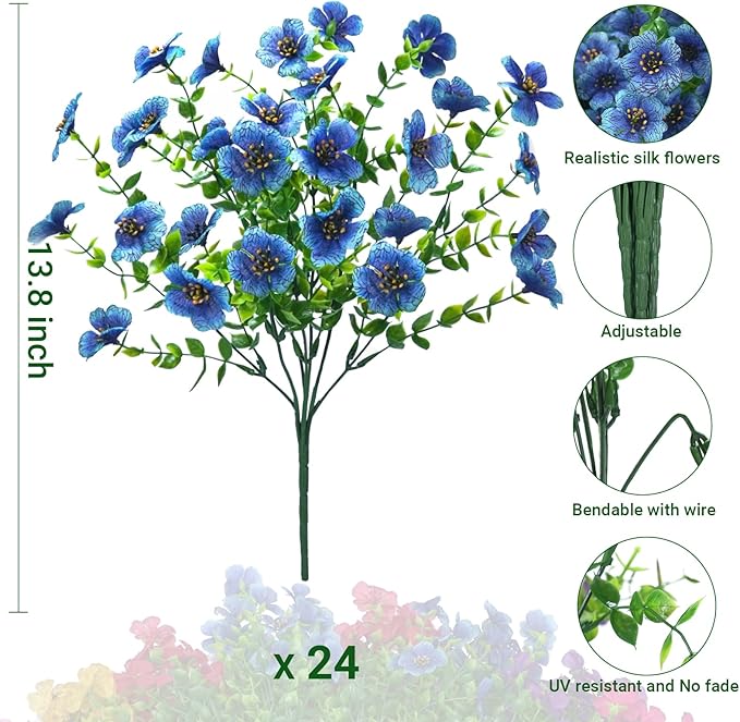 24 Bundles Artificial Flowers for Outdoors & Indoors – UV Resistant Faux Plastic Plants for Garden, Patio, Porch, Window Box, Home Decor – Lush & Vibrant Fake Flowers, Blue