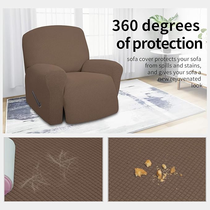 Easy-Going 4 Pieces Oversized Recliner Stretch Sofa Slipcover Sofa Cover Furniture Protector Couch Soft with Elastic Bottom Polyester Spandex Jacquard Fabric Small Checks Brown, X-Large
