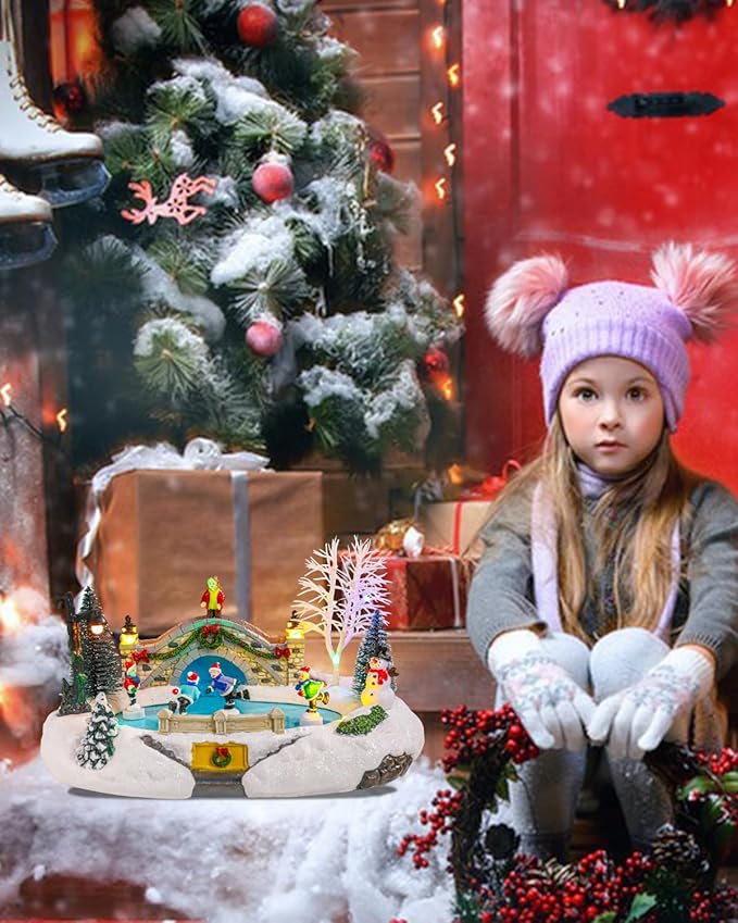 Bdor Christmas Village Lighted Decoration Musical Animated Display Christmas Collectible Skating Battery Operated Indoor Decor